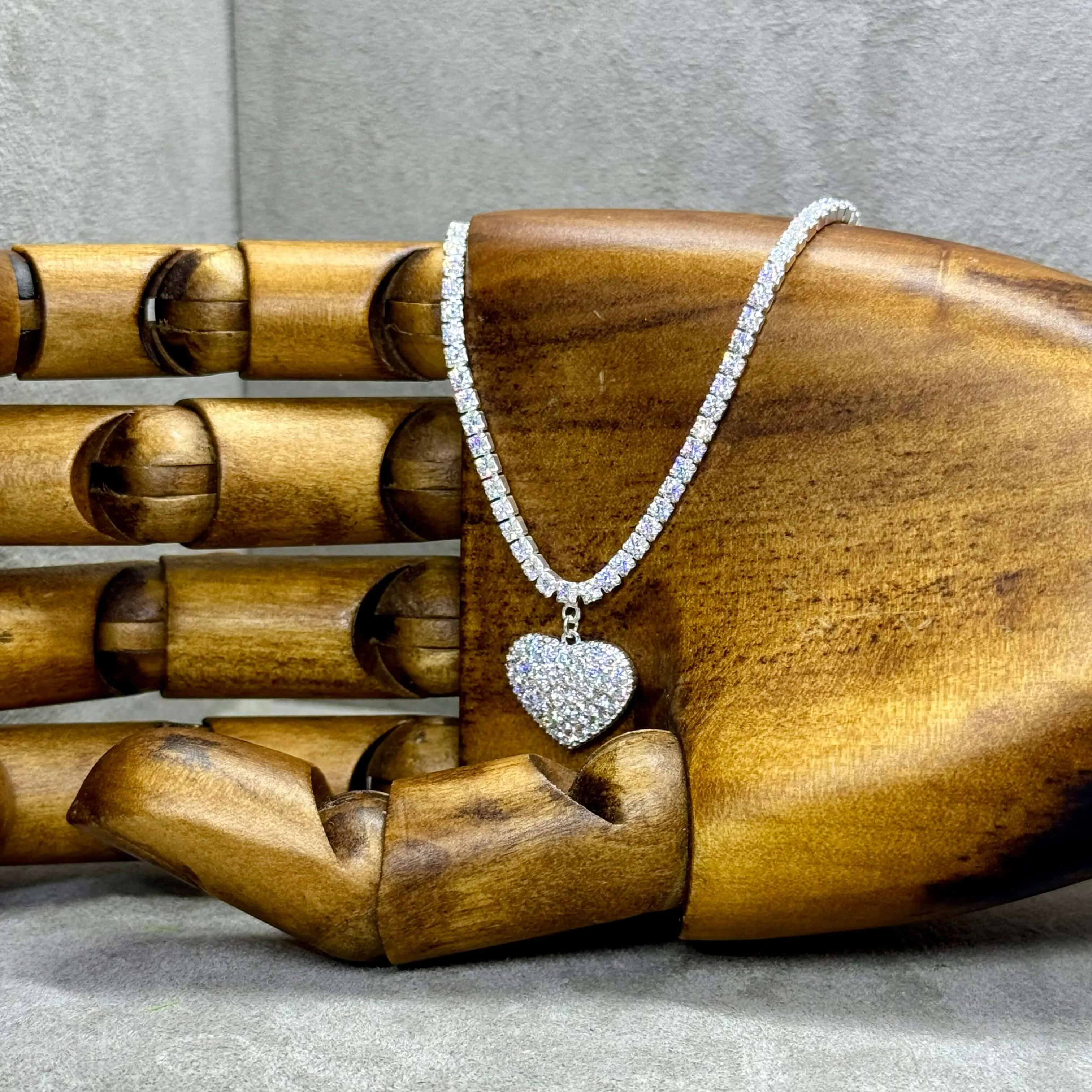 Fine Sterling Silver Cubic Zirconia Tennis Necklace With Pave Heart Charm