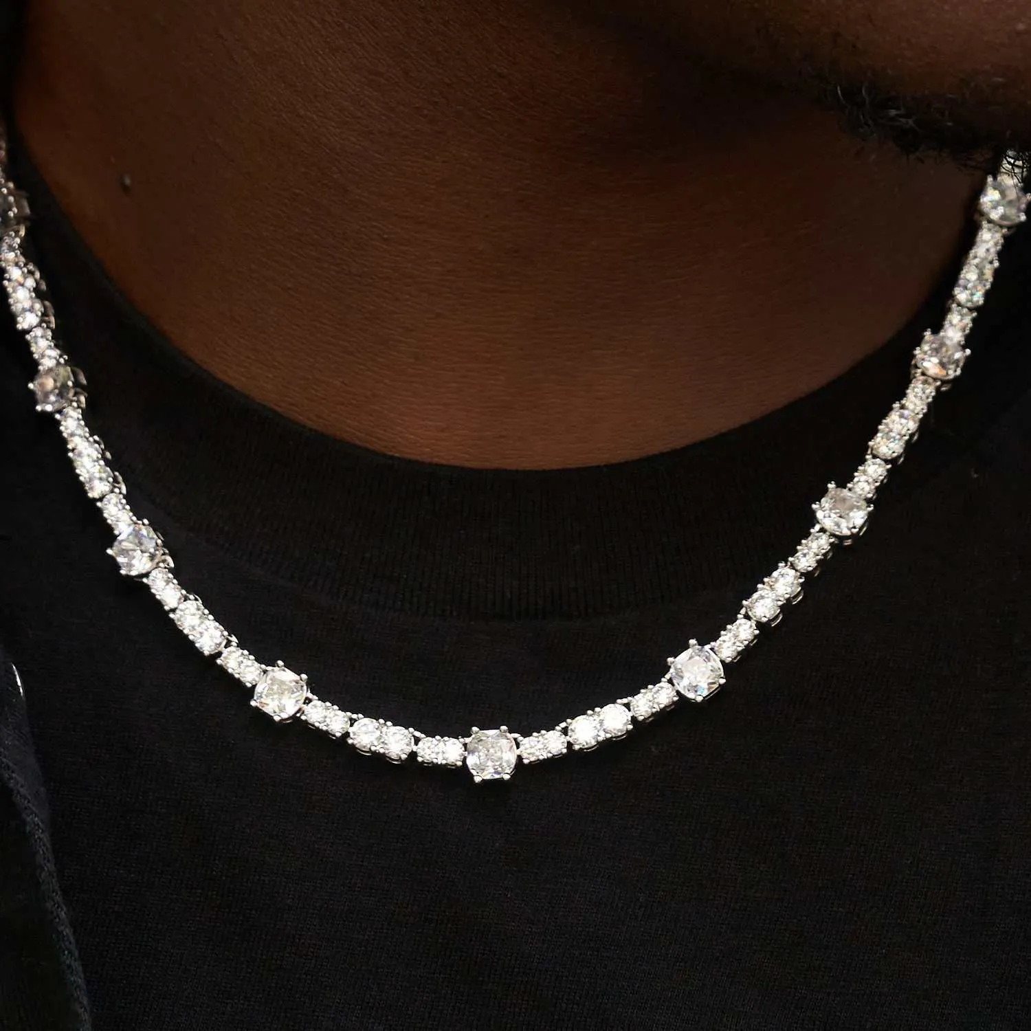 Gem Stationed Tennis Necklace - White Gold