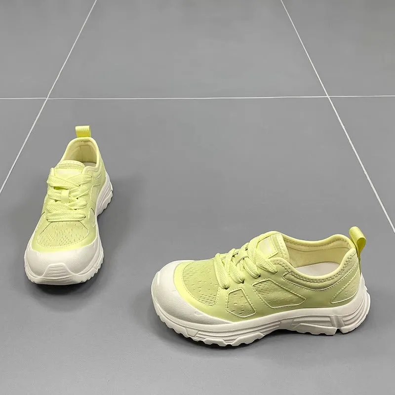Genuine leather mesh casual shoes for women  summer new style round toe thick sole lightweight breathable fashion versatile sports shoes