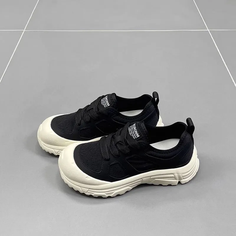 Genuine leather mesh casual shoes for women  summer new style round toe thick sole lightweight breathable fashion versatile sports shoes