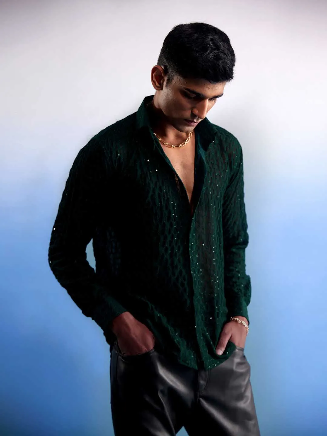 Jashvi Men's Green Fancy Sequined Shirt