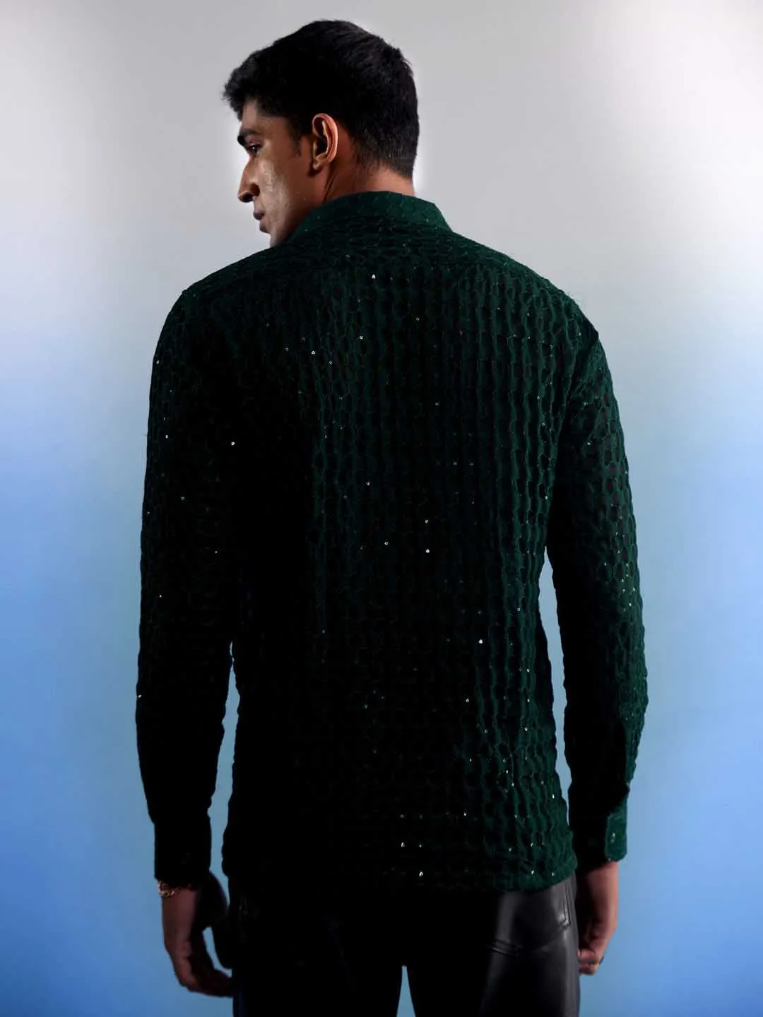 Jashvi Men's Green Fancy Sequined Shirt