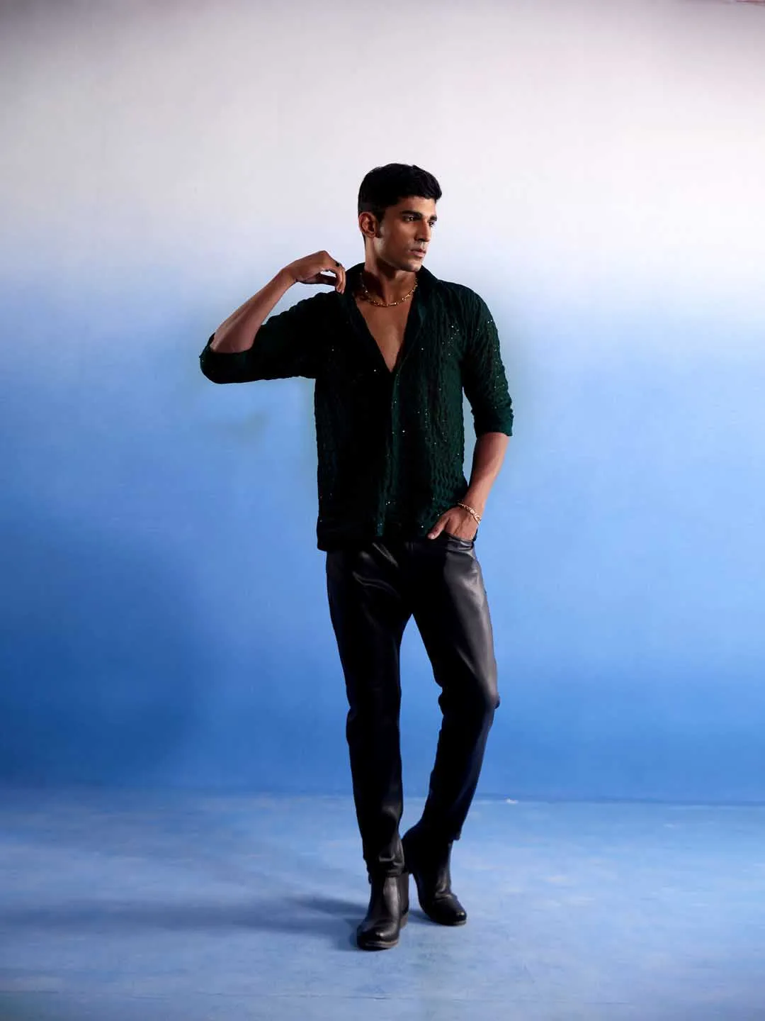 Jashvi Men's Green Fancy Sequined Shirt