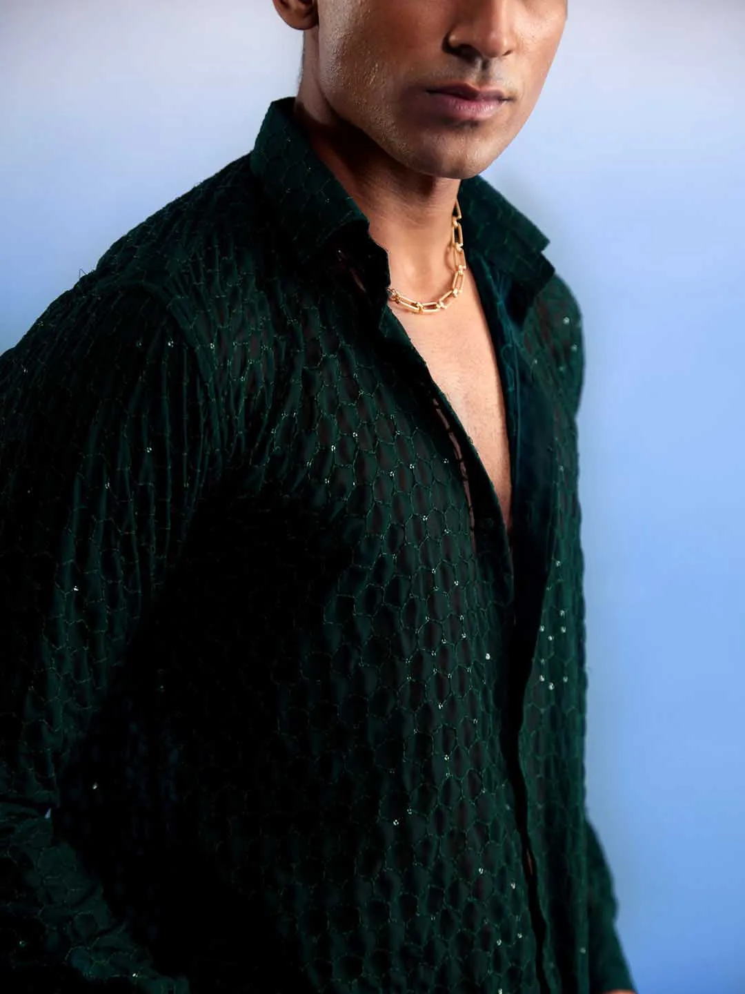 Jashvi Men's Green Fancy Sequined Shirt