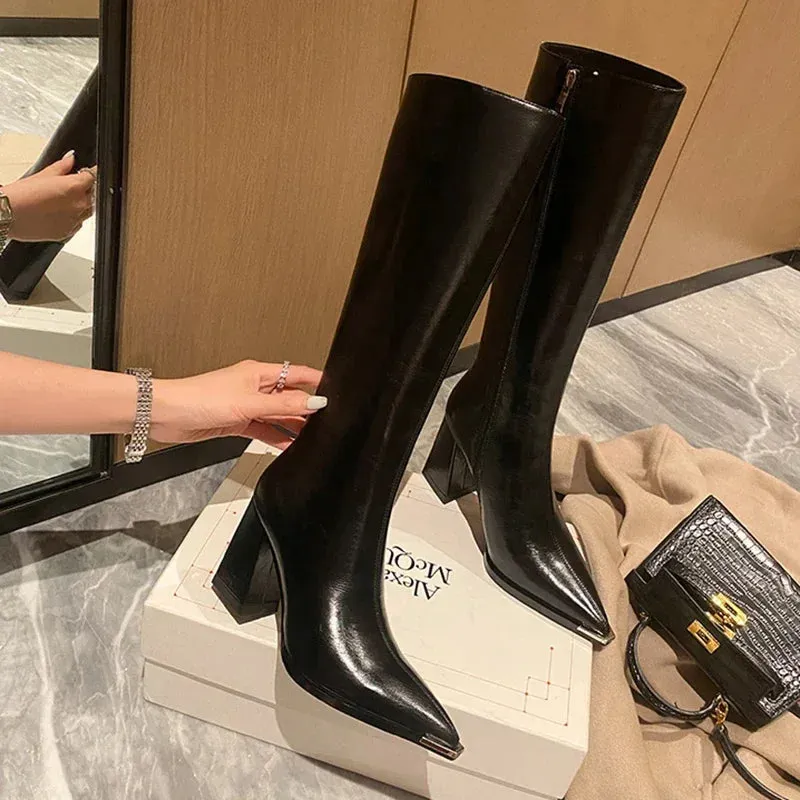 TAVIMART  -  Pointed Toe Women High Boots Fashion Side Zippers Long Booties Ladies Elegant Party High Heel Shoes Winter Women's Footwear