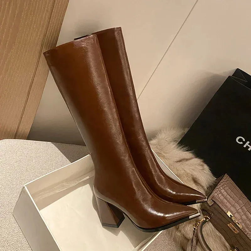 TAVIMART  -  Pointed Toe Women High Boots Fashion Side Zippers Long Booties Ladies Elegant Party High Heel Shoes Winter Women's Footwear