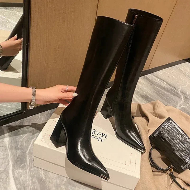 TAVIMART  -  Pointed Toe Women High Boots Fashion Side Zippers Long Booties Ladies Elegant Party High Heel Shoes Winter Women's Footwear