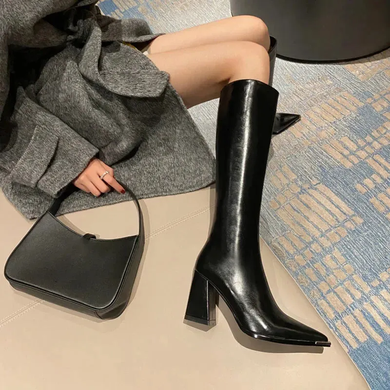 TAVIMART  -  Pointed Toe Women High Boots Fashion Side Zippers Long Booties Ladies Elegant Party High Heel Shoes Winter Women's Footwear